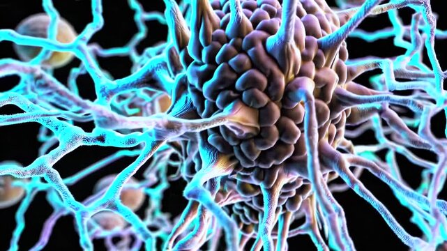 Neural Microcosm Illumination. Illuminated Neuron Group With Electroluminescence. Detailed Cinematic Visualization Of Neural Cluster With Glowing Synapses And Dendrites