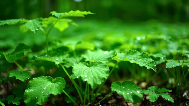 Vibrant Green Plants with Water Droplets in Lush Forest Ambience for Environmental Awareness and Natural Beauty