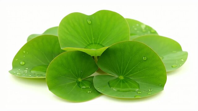Vibrant Green Pennywort Leaves Isolated on White Background Featuring Droplets of Water Perfect for Natural Backgrounds