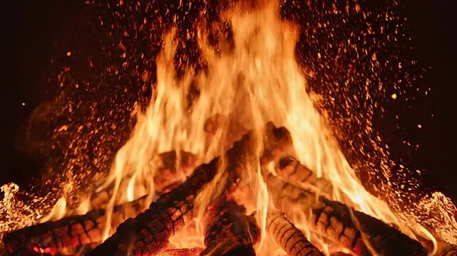 Fiery logs crackle and spark, illuminating the darkness with orange glow