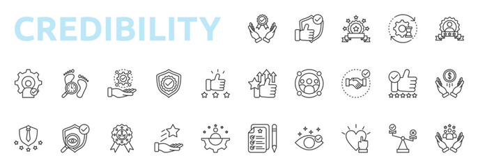Credibility icon set outline style with reliable, believable, consistency, reputation, specialist, track record, responsibility icons