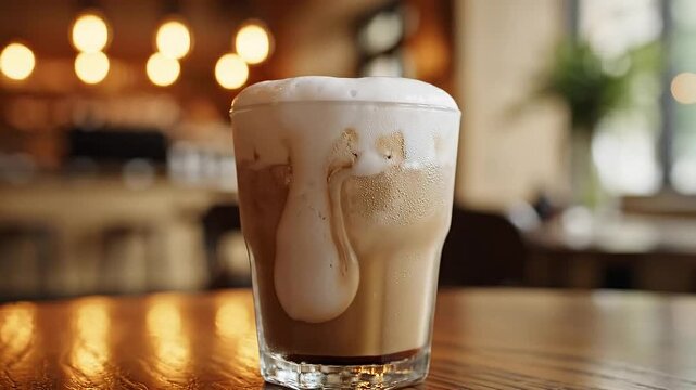 Frothy beverage with ice and foam in a clear glass on a wooden table