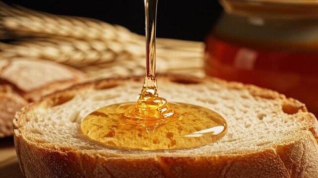 Golden honey drips onto a slice of bread with wheat stalks in background