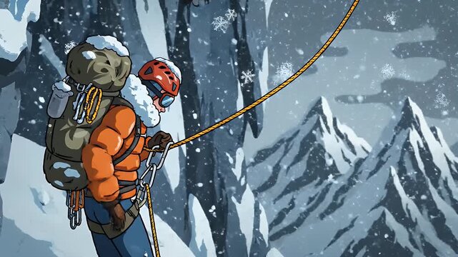 Illustrated mountain climbers rappelling on a snowy cliff face