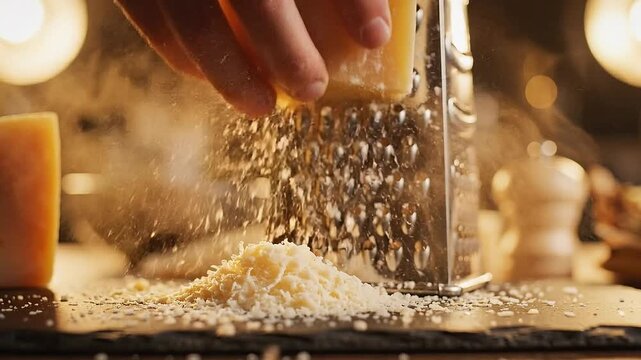 Hand grating hard cheese, creating fine shreds and dust
