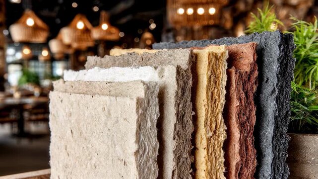 Ecoconscious recycled paper samples arranged in medium shot focus on layered edges showing thickness contrast with a softly blurred setting.