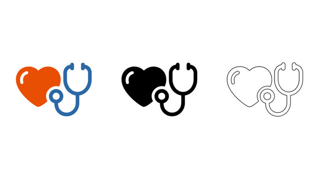 medical icon set featuring stethoscope and heart in various colors for healthcare and wellness concepts