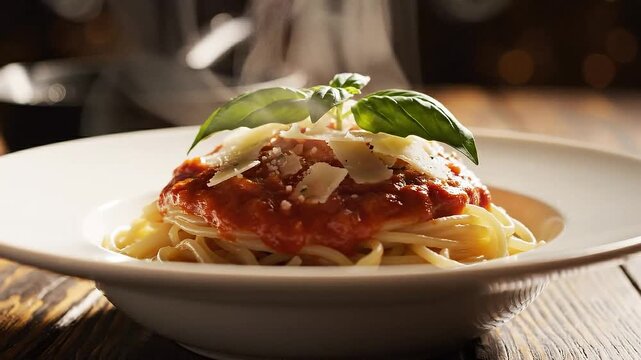 Steaming plate of spaghetti marinara topped with Parmesan and basil
