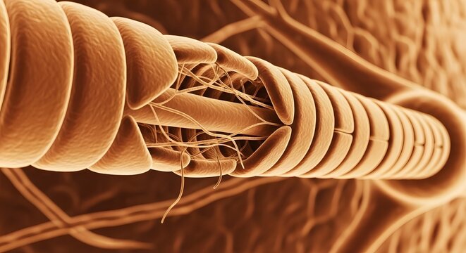 A microscopic view of a damaged hair shaft with broken cuticles and exposed inner structure