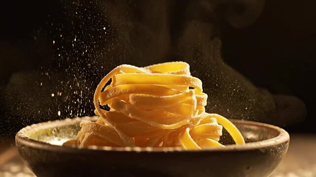 Swirling raw pasta strands dusted with flour against a dark backdrop