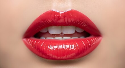 Fototapeta premium A close-up of a woman's lips with bright red lipstick and white teeth
