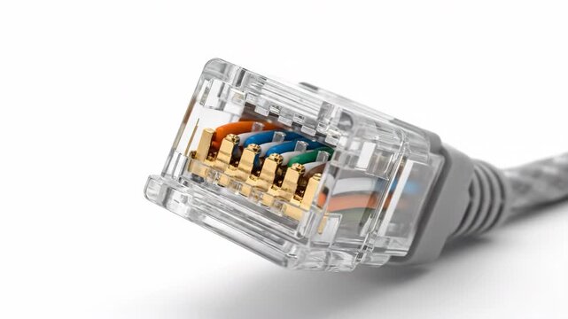 Clear Ethernet cable connector with colorful wires on a clean white background, close-up macro shot.