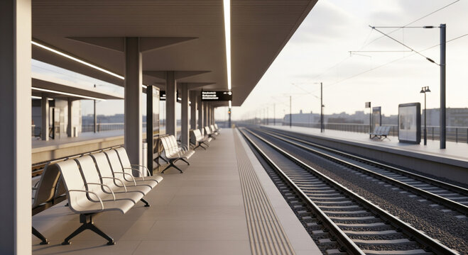 Modern train station platform with metal benches, empty railway station at sunset, minimalist urban transit hub architecture