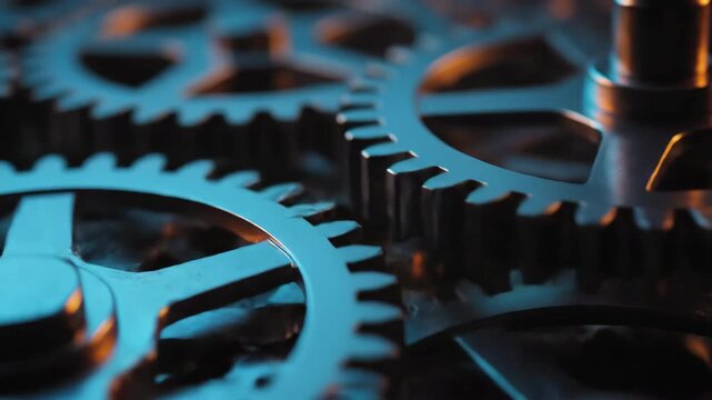 Interlocking metal gears in close up with dramatic blue and orange lighting.