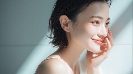 健康的で透明感のある美しい肌の笑顔の女性