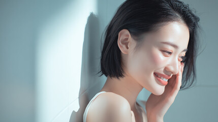 健康的で透明感のある美しい肌の笑顔の女性