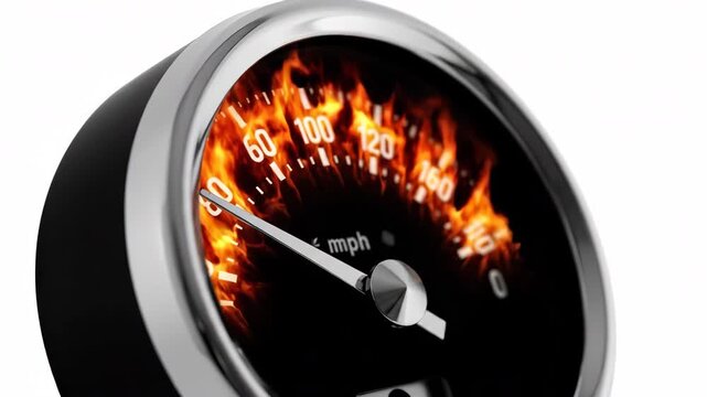 Close up of a car speedometer with flames indicating high speed against a white background.