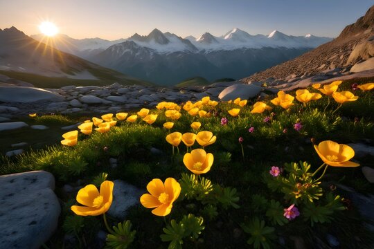 Alpine wildflowers blooming at sunrise with snow-capped peaks and golden sunlight