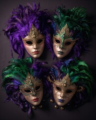 Vibrant mardi gras masks with feathers and gold decorations on dark background