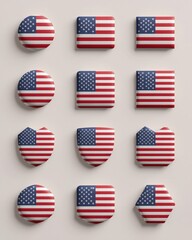 Variety of american flag buttons on a light gray background
