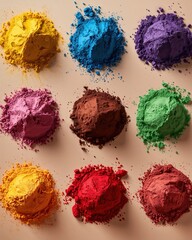 Vibrant colorful powder piles in various hues on beige background