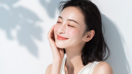 健康的で透明感のある美しい肌の笑顔の女性