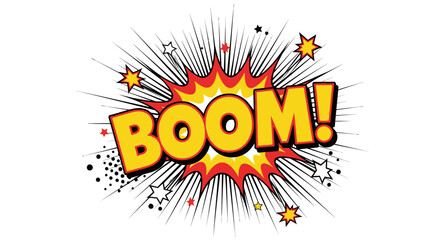 Comic boom explosion with yellow and red burst on white background