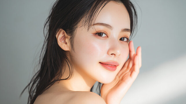 健康的で透明感のある美しい肌の笑顔の女性