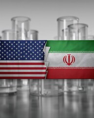 American and iranian flags with laboratory test tubes in background