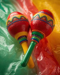 Vibrant maracas on colorful plastic sheet with intricate designs