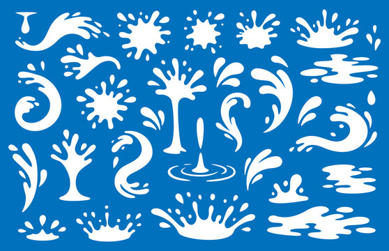 White water splash silhouettes on blue background. Vector liquid drops, puddles and splashes for design, decoration and backgrounds