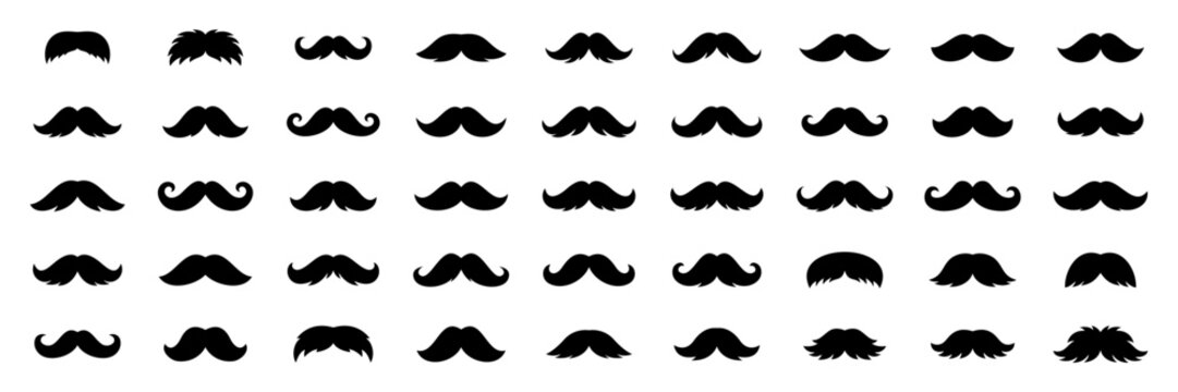 Big collection of retro moustache silhouettes. Mustaches set for barbershop logos, hipster icons, photo booth props and design projects.