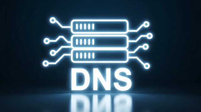 Glowing blue DNS server icon with circuits on a dark reflective background represents network technology and internet connectivity.
