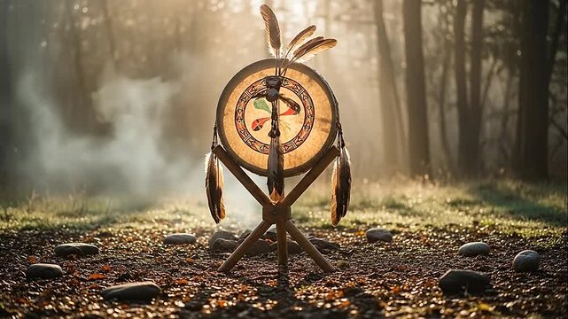 Traditional Native American Dreamcatcher in Misty Forest Sunlight