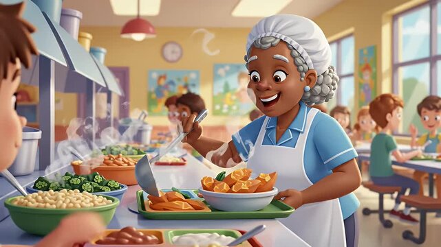 Smiling lunch lady serving healthy food in a school cafeteria
