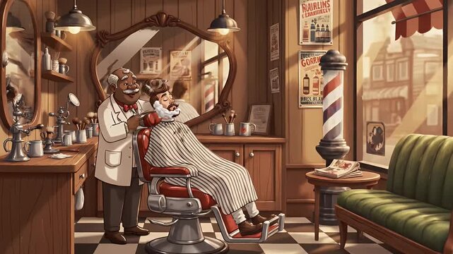 Smiling barber shaves man's beard in classic barbershop