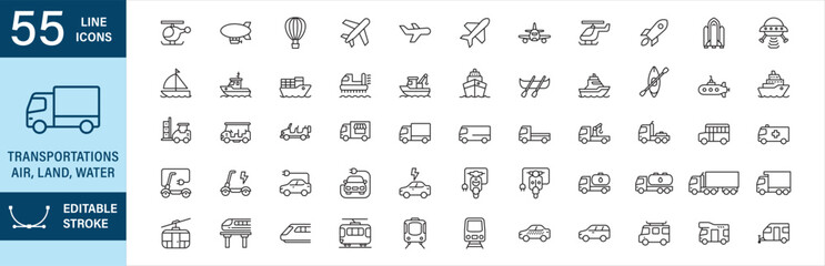Transportation icon set. Collection of Land, air, water type transportation icons. Contain icon symbol of airplanes, boats, cars, motorcycle, train, rocket, vessel, truck, subway, electric scooter. © Mutinah