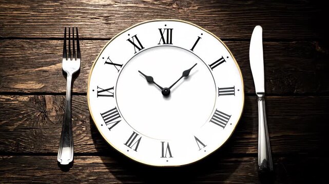 Dinner plate displaying a clock face with Roman numerals, set with fork and knife on a dark wooden table.