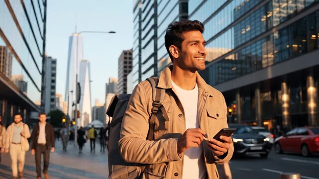 City Connection: Smiling Man Engaged with Smartphone