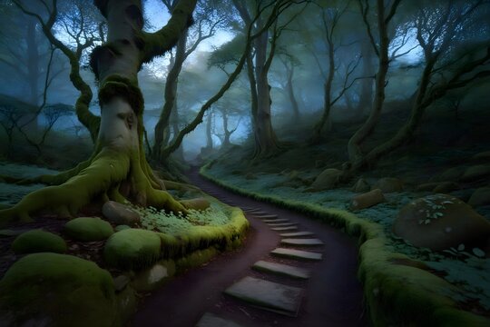 Mystical enchanted forest path with mossy trees foggy atmosphere and moonlight glow