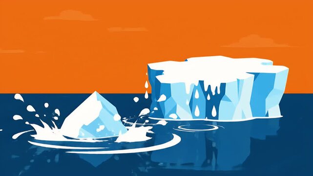 Stylized illustration of melting iceberg in ocean with orange sky