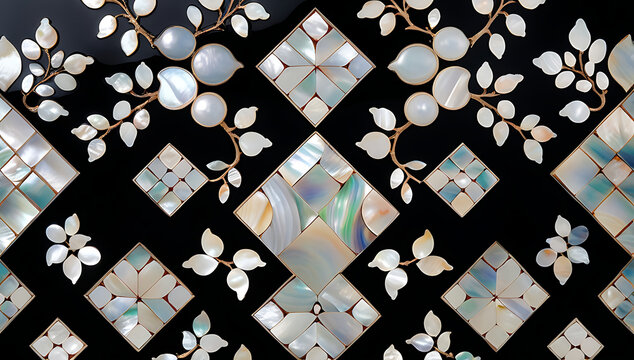 Korean mother-of-pearl patterns. Korean Lacquerware Pattern Design, featuring intricate Mother-of-Pearl Inlay on a rich black Lacquer background, crafted by traditional Korean Najeonchilgi artists