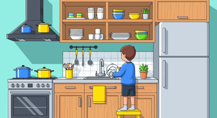 Independent little boy washing dishes at the sink, modern flat vector promoting good habits and responsible daily home routine