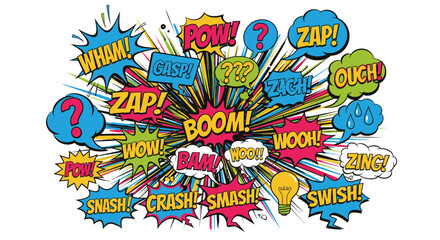 comic book explosion with colorful speech bubbles