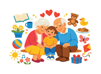 Family time flat icon set. featuring grandparents, child, book, tea, teddy bear, flowers, butterfly, balloon, cookies