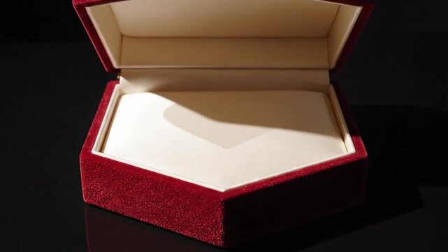 A red velvet hexagonal jewelry box opens to reveal a soft heart-shaped shadow on its white silk lining, perfect for romantic gift concepts