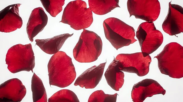 Red rose petals falling on white background valentine