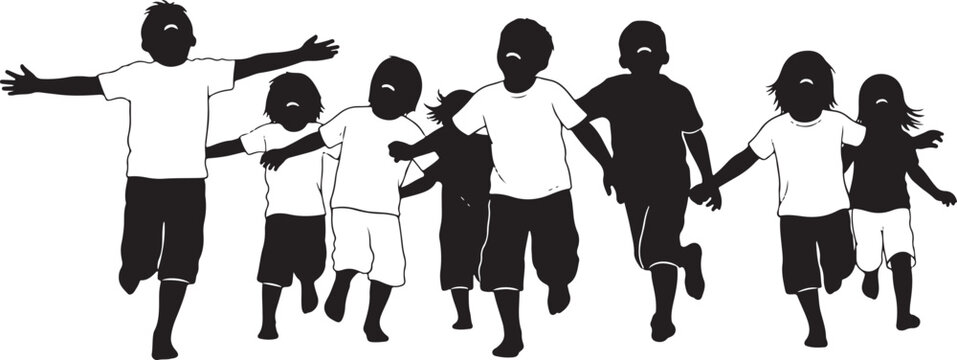A diverse group of children running together, some holding hands, in silhouette, embodying unity and joyful movement.