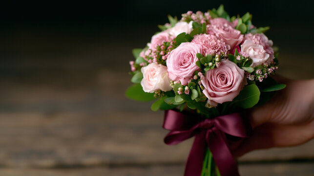 Hand holding delicate pink rose bouquet with green foliage and dark red ribbon, presenting a gift symbolizing love and celebration on a rustic background, copy space