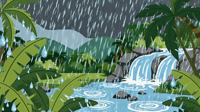 Tropical jungle rainforest with waterfalls and heavy rain